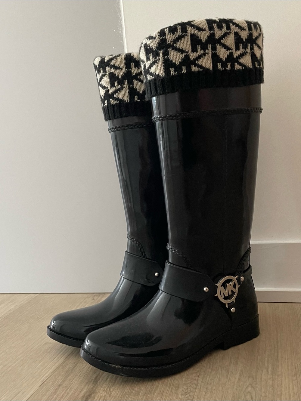 Michael Kors Black Logo-Trim Rain Boots with Knit Cuff
